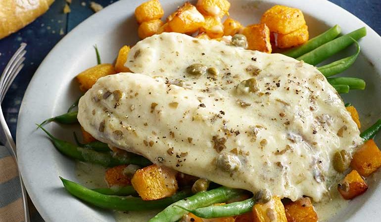 lemon-caper-tilapia-with-roasted-butternut-squash-and-steamed-petite-green-beans-recipe