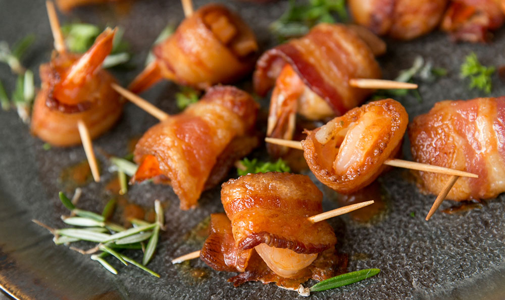 Maple Bourbon Glazed Bacon Wrapped Shrimp Aqua Star